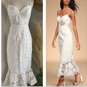 ❤️ Lulus Definition of Romance Ivory Lace Trumpet Midi Dress